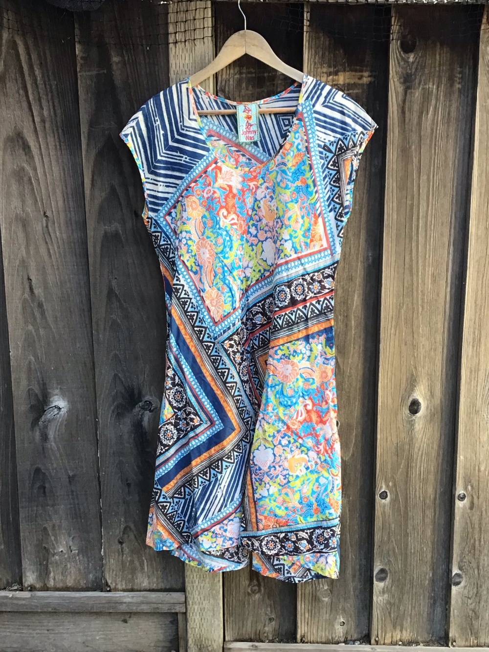 Johnny Was Multicolor Boho Tunic Dress Floral Patchwork Short Sleeve Size